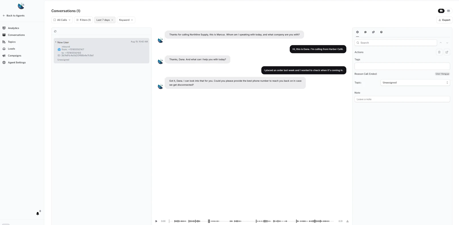 Comet AI conversations dashboard showing a transcribed customer call with topic, tags and call recording