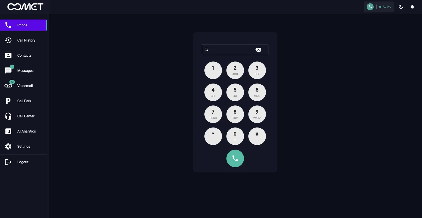 Comet web phone with dialpad, call history, contacts, voicemail and call center in the sidebar