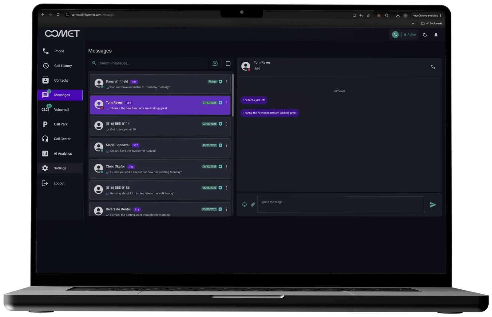 Comet messages inbox on a laptop: customer text conversations on the business line, with an open thread