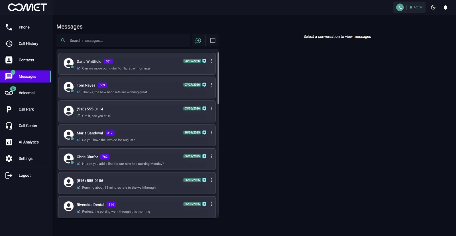 Comet messages inbox with customer text conversations on the business line