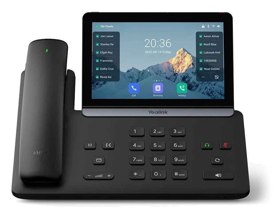 Yealink touchscreen desk phone with handset, dialpad and programmable contact keys